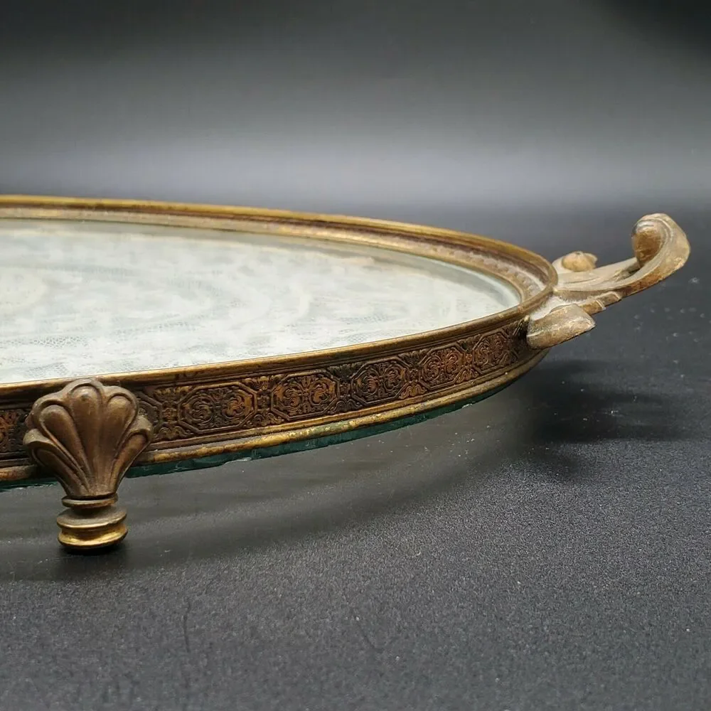 Etchardt VTG Antique 1920's Vanity Tray Silver Handles Lace Glass Brass Copper